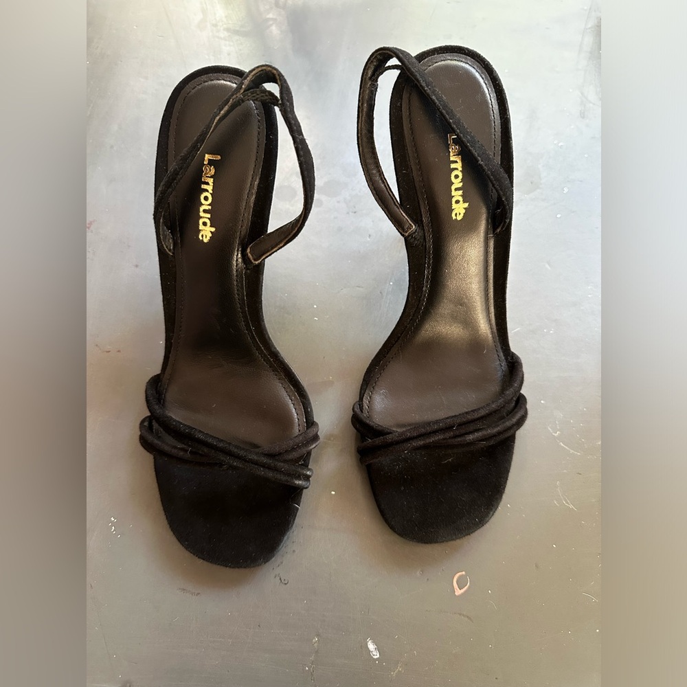 Larroude Annie Sandel black suede heels.